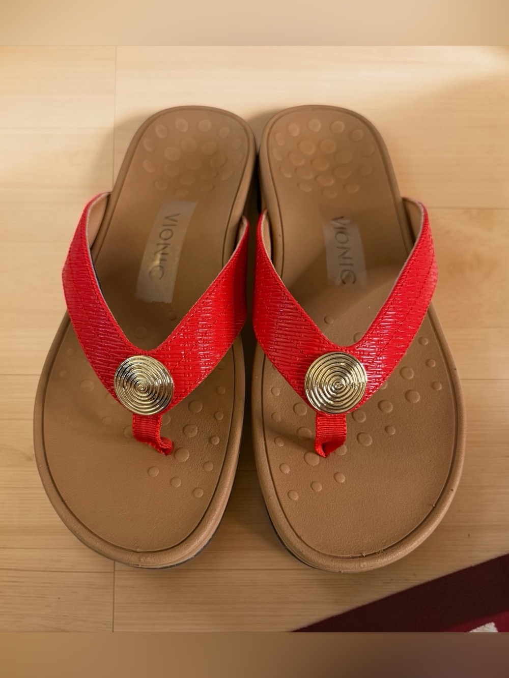 Vionic Pilar Red Thong Sandals with Gold Medallion